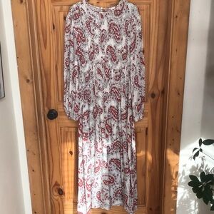 H&M Paisley Long Sleeve Maxi Dress red and cream fitted chest and waist boho L